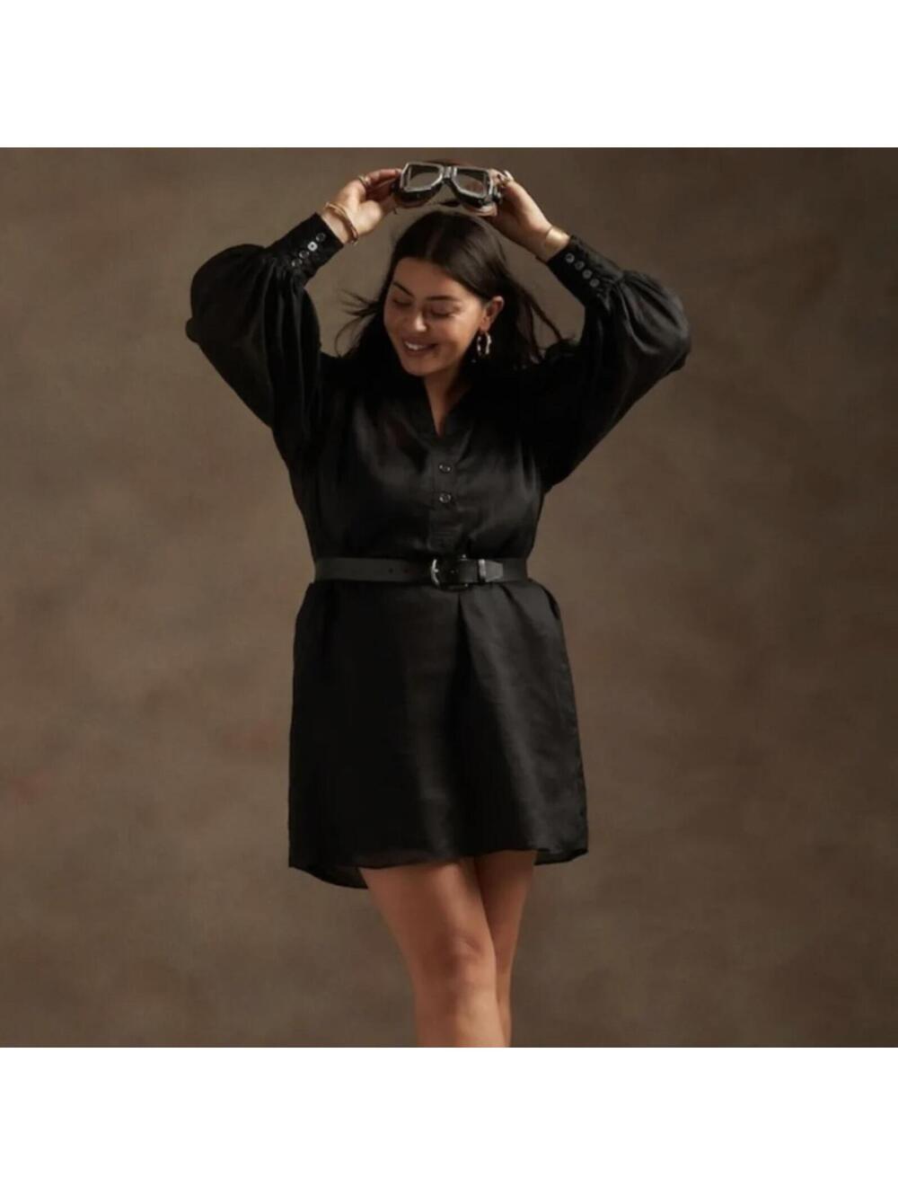 Banana Republic Black Ramie Popover Shift Shirt Dress Belted Size L NWT